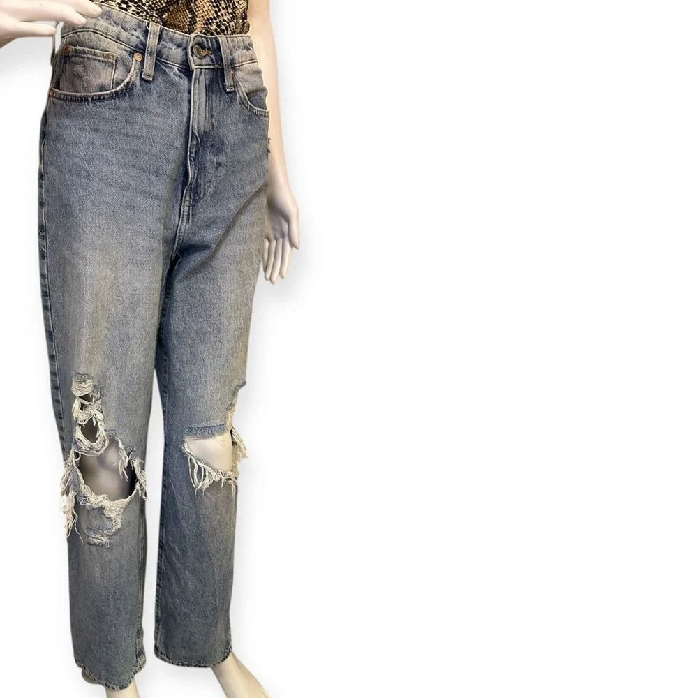 Distressed Blue Loose Straight High Waisted Jeans